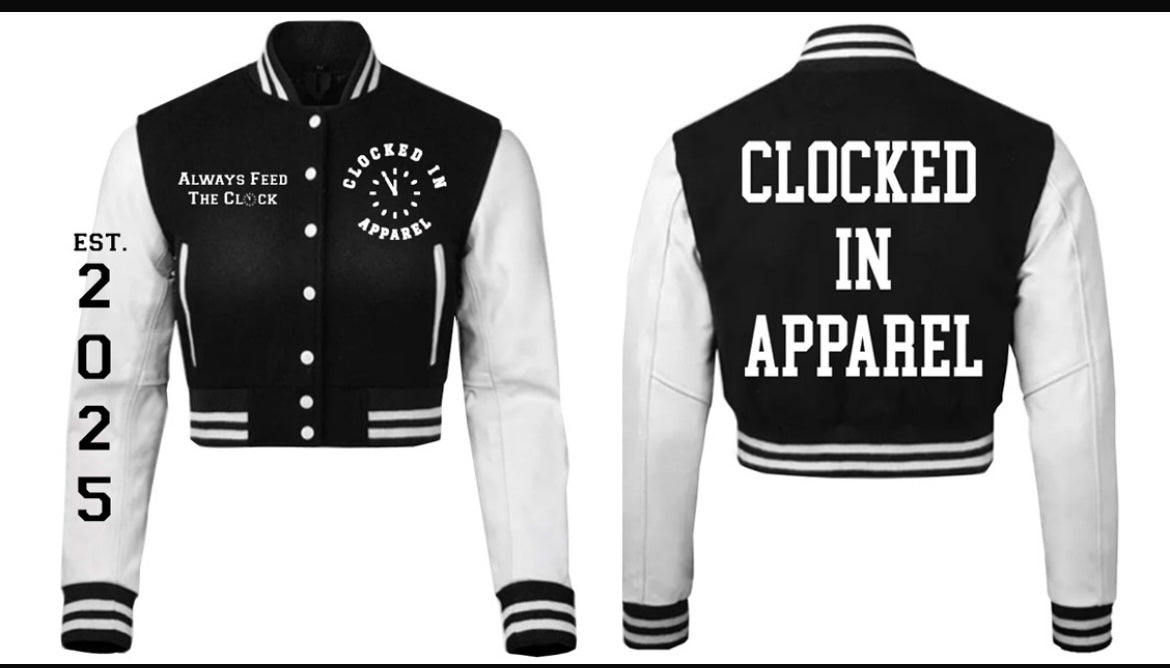 CLOCKED IN APPAREL WOMENS CROP VARSITY JACKETS